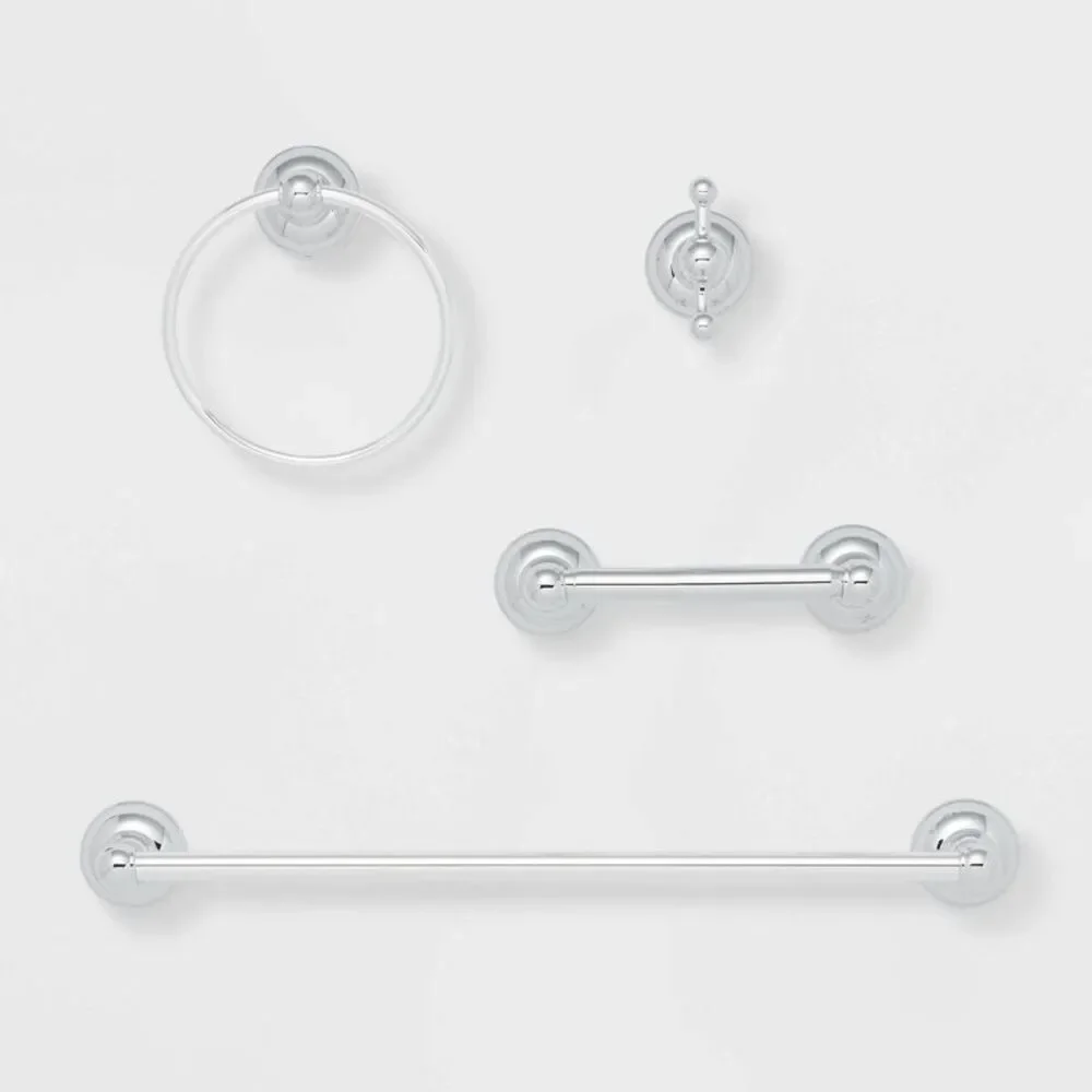 4pc Classic Bathroom Hardware Set with Towel Ring & Robe Hook - Chrome